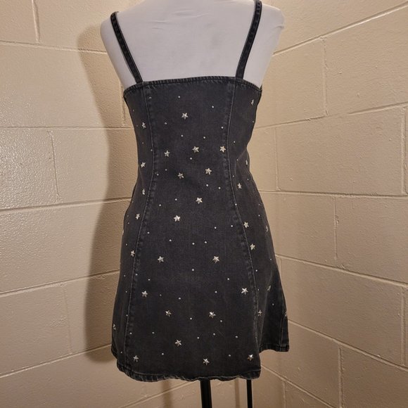 Black Denim Star Studded A Line Moto Mini Dress - Picture 4 of 7